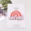 Detail of glitter rainbow hair clip with white clouds on a pink lined duckbill clip - Auspicious Cloud
