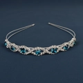 Detail of silver wedding tiara with deep blue crystals and small white rhinestones - Wave Style with Dark Blue Main Rhinestone (DFK998 Dark Green Large Rhinestone)