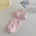 Pale pink cotton low cut socks featuring dark pink bow pattern and heart detail - One Size / Pink