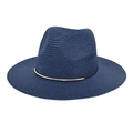 Detail of navy woven straw fedora hat featuring a stylish gold metal decorative band - M (56-58cm) / Navy Blue