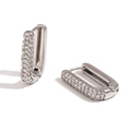 Silver rectangular U-shaped stainless steel earrings with micro-set zircons on white backdrop - Silver-White Zircon