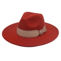 Close-up of wide-brimmed red fedora hat featuring a beige leather belt with silver buckle - Rust Red