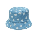 Detail of light blue denim bucket hat featuring white maple leaf print and stitched brim - Blue Maple Leaf Print Style (A)