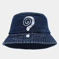 Detailed view of white artistic embroidery on a dark blue denim bucket hat - M (56-58cm) / Dark Blue