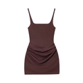 Detail of dark brown bodycon mini dress featuring ruched sides and drawstring textures - XS / Coffee