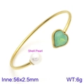 Golden open bangle featuring heart-shaped green stone and elegant shell pearl detail - Gold Green Heart Shell Pearl Style (KB123121-K)