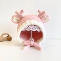 Pink knit baby winter hat with deer antlers, plush earflaps and secure chin straps - Pink Deer - Lined