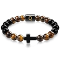 Tiger eye bead bracelet with cross pendant and golden letter Q personalized charm - Letter Q