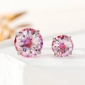 Pink round zircon stud earrings with four-prong silver titanium steel setting - Red & Purple (A290-11)