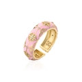 Detail of 18K gold-plated ring featuring pink enamel and sparkling floral zircon stones - Adjustable Open / Pink Clover Style (12633)