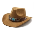 Chapeau de cowboy classique en daim fauve avec bande ethnique et pierre turquoise - M (56-59cm) / Khaki Suède
