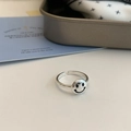 S925 sterling silver open ring featuring a classic black enamel smiley face motif - S925 Silver Smiley Open Ring (J3724)