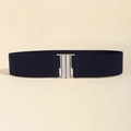 Navy blue elastic wide waist belt for women with elegant silver metal buckle detail - 5cm Wide / Navy Blue Gold