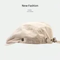 Classic beige cotton newsboy cap with vintage metal buckle and stitch detailing - Harajuku Beige