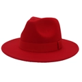 Close-up of a classic red wide-brim felt fedora hat featuring a matching ribbon band - M (56-58cm) / Red