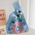 Cute light blue knitted tote bag with 3D flower charm and floral pattern for women - Blue Sun Flower (Without Accessory)