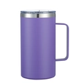 Close-up of a 24oz purple stainless steel insulated tumbler with handle and clear lid - Powder Coated Purple