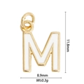 Detailed size specifications for gold letter M charm with height 11.8mm and width 8.9mm - Letter M