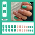 Medium square press-on nails in green and nude with white wave patterns, 24-piece full set - W616 Fresh Wave Pattern (W616)