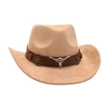 Faux suede light brown cowboy hat featuring a leather band with metal bull head ornament - One Size / Camel