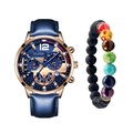 Blue strap watch with rose gold case and black lava stone beaded bracelet set - Blue Strap Rose Gold Case And Bracelet