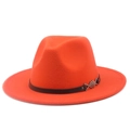 Classic bright orange wool fedora hat with wide brim and black decorative leather band - M (56-58cm) / Orange