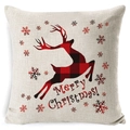 Linen Christmas pillowcase featuring a red buffalo plaid reindeer and snowflakes - A-18