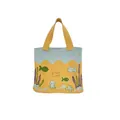 Close-up of knitted tote bag featuring colorful ocean patterns like octopus and starfish - Yellow