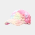 Close-up of the fluffy faux fur texture and vibrant rainbow macaron colors on the baseball cap - Macaron Rainbow Colors