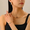 Chic 14K gold plated teardrop jewelry set with necklace, bangle, ring and earrings - Ring + Bangle + Choker + Earrings (20) / 4-Piece Set (14K & KC Gold Mix) / Multicolor