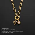 Gold stainless steel paperclip chain necklace with heart and pink crystal charms - Letter P (XNL0097)