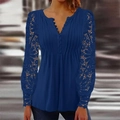 Women's dark blue long sleeve shirt with floral lace sleeves and V-neck button detail - S / Tops / Blue