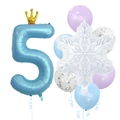 Detail of light blue number 5 foil balloon with golden crown and snowflake decorations - Matte Snowflake Set 5 (Number 5)