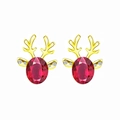 Christmas reindeer stud earrings with golden antlers and red oval crystal gemstones - Gold-Purplish Red Crystal
