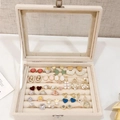 Beige velvet jewelry box with clear lid for 50 rings and studs display organizer - Beige Ring Jewelry Box