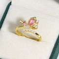 Adjustable golden butterfly ring with pink zircon wings and white pearl accents - Pink Pear-Shaped Butterfly (Gold Color 20)