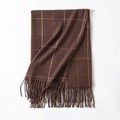 Brown plaid scarf with blue and white stripes and soft tassel details in a folded view - 65*200cm / Brown Plaid