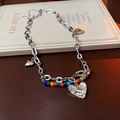 Silver link necklace with textured heart pendant and colorful rainbow beads - Silver Hammered Heart Colorful Beaded Style