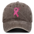 Detail of pink breast cancer ribbon embroidery on vintage washed grey cotton baseball cap - Adjustable / Coffee
