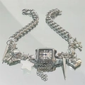 Collana orologio punk Y2K argento con ciondoli a stella, farfalla e cuore su catena grumetta - Collana Orologio con Ciondoli Multipli Argento