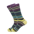 Men's athletic crew socks featuring vibrant multi-color stripes and purple polka dot cuffs - 42-46 / Purple Polka Dot Striped Style (3852C)