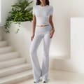 Women's casual two-piece set featuring light grey short sleeve crop top and flared pants - S / Mixed Grey