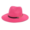 Detailed texture of rose red straw hat with black leather band and gold chain decoration - M (56-58cm) / Rose Red
