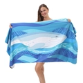 Quick-dry microfiber beach towel featuring a blue and white whale and ocean wave pattern - B40-Simple Whale and Wave Design