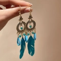 Bohemian gold-tone drop earrings with turquoise beads and feathers held in hand - Blue (20# Ear Hook-Gold)
