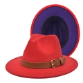 Detail of red fedora hat with purple lining and brown leather band with gold buckle - M(56-58cm) / Red and Purple