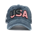 Distressed navy USA flag embroidered trucker hat with breathable mesh back for women - Adjustable / Navy Blue