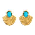 Golden fan-shaped textured earrings with oval blue stone inlay in a bohemian style - 18K Gold Plated Fan-Shaped Blue Stone (9423)