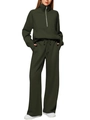 Detail of high-waisted wide leg sweatpants with drawstring in dark olive green - Black