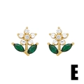 Detail of flower stud earrings with white zircons and green marquise leaves on gold base - Flower Style (E)